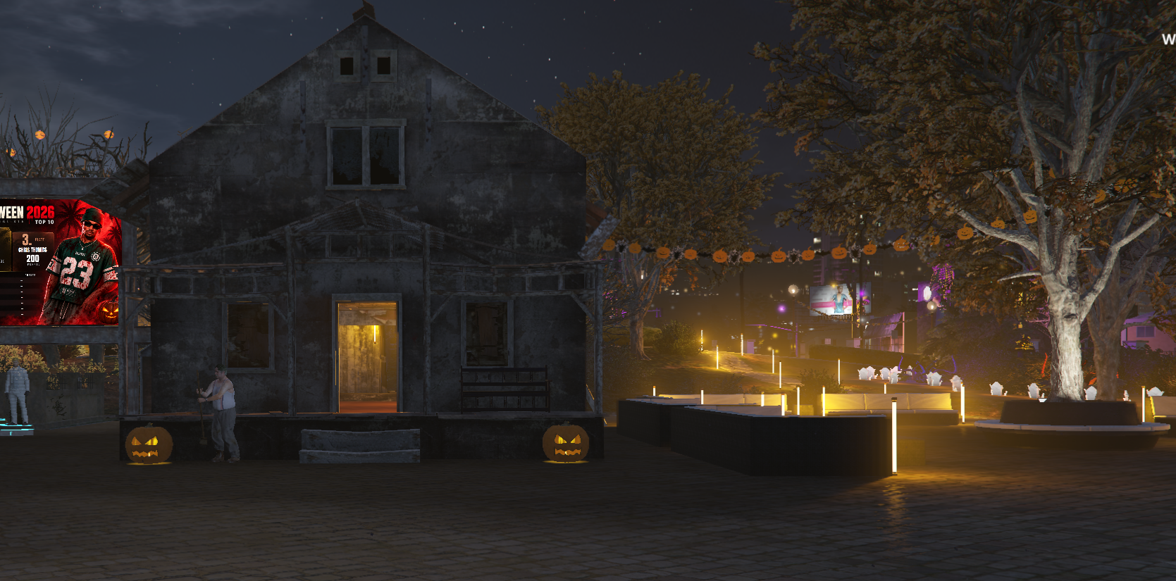 Haunted Manor with pumpkins and festive decor