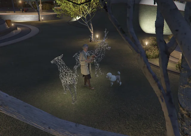 Character with dog in illuminated park